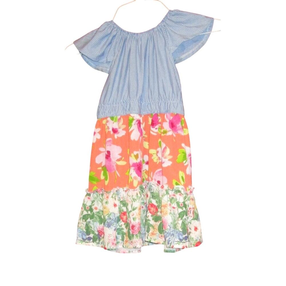 Bonnie Jean Girls Sundress Blue and White Striped Bodice Floral Skirt Size 5 - Picture 2 of 4